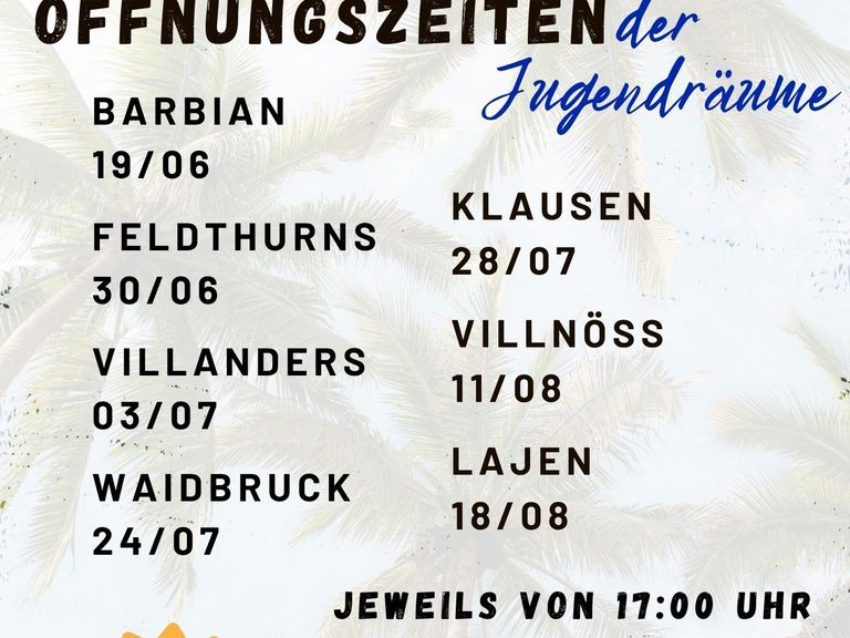 Sommeröffnungszeiten in den Jugendräumen