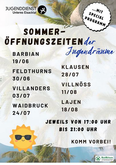 Sommeröffnungszeiten in den Jugendräumen