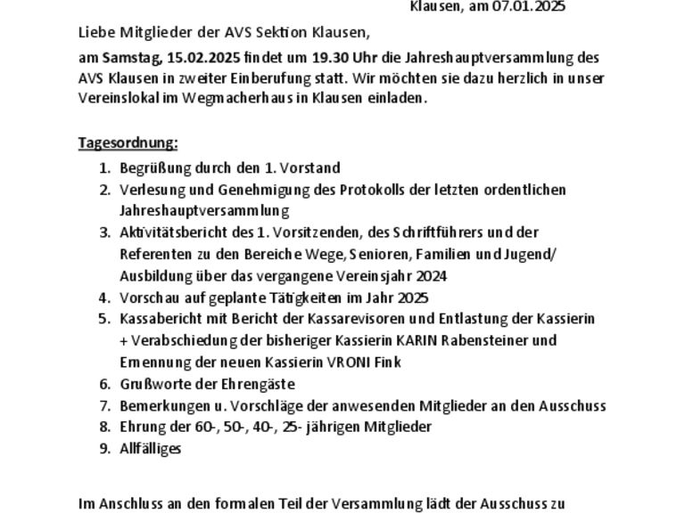 Jahreshauptversammlung AVS Klausen