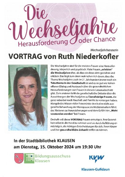 Die Wechseljahre Herausforderung oder Chance Vortrag von Ruth Niederkofler