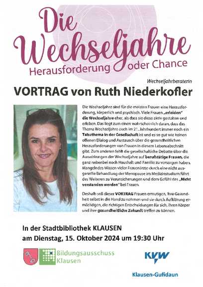 Die Wechseljahre Herausforderung oder Chance Vortrag von Ruth Niederkofler